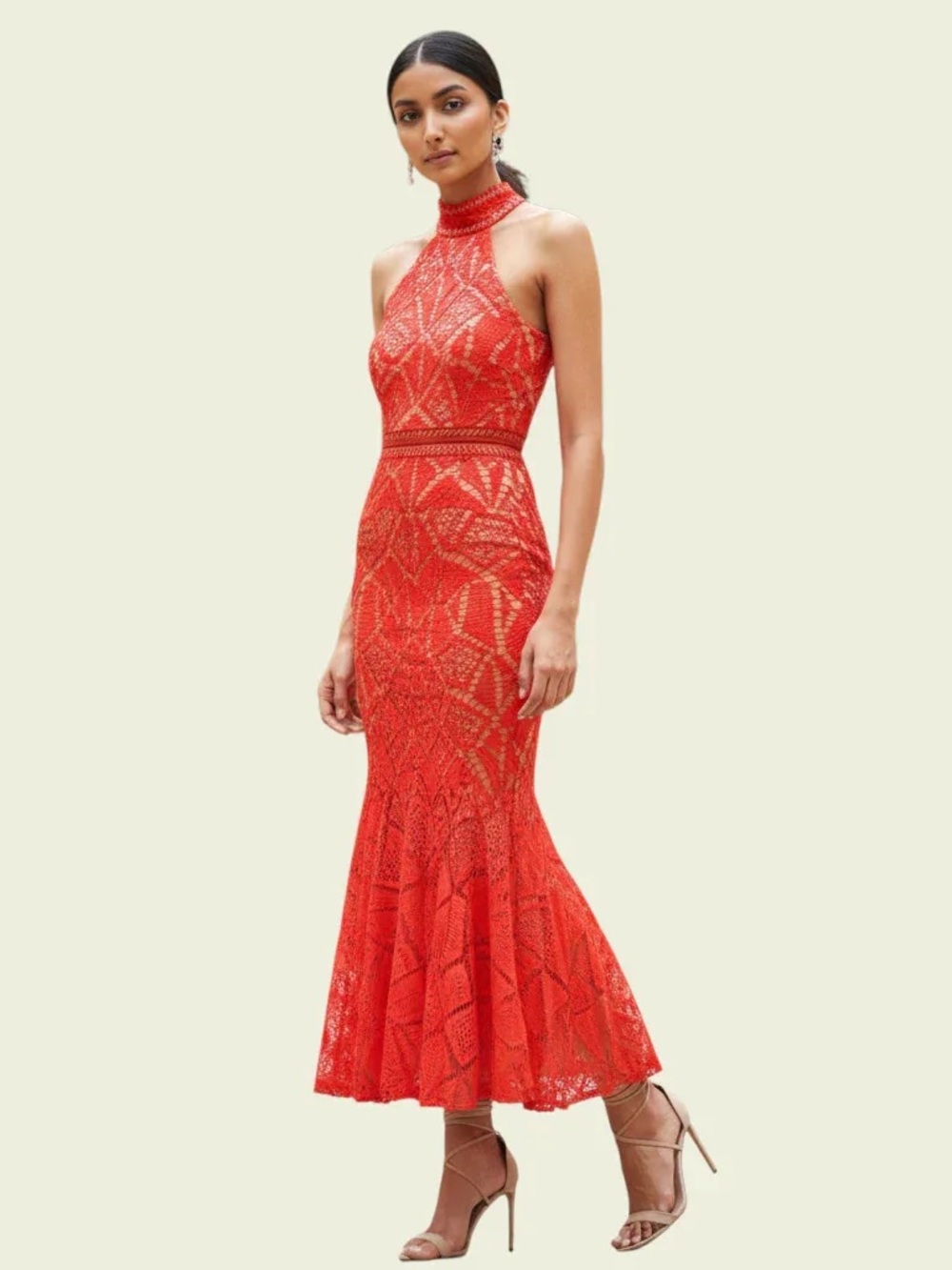 JARLO Red Geo Lace High Neck Halter Mermaid Fluted Midi Maxi Dress⁠ xxs
